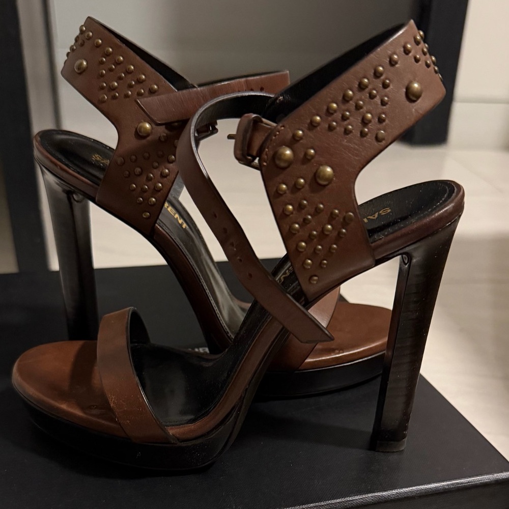 Saint Laurent Brown Leather Studded Platform Heel Sandal - Picture 4 of 11